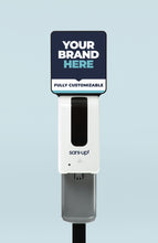 Load image into Gallery viewer, Closer view of dispenser with Your Brand Here, Fully Customizable topper available
