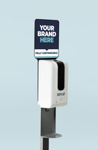 Load image into Gallery viewer, Closer view of dispenser with Your Brand Here, Fully Customizable topper available
