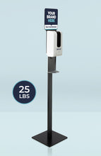 Load image into Gallery viewer, Image of black sanitizer stand with placard reading Your Brand Here and 25 lb. indicator
